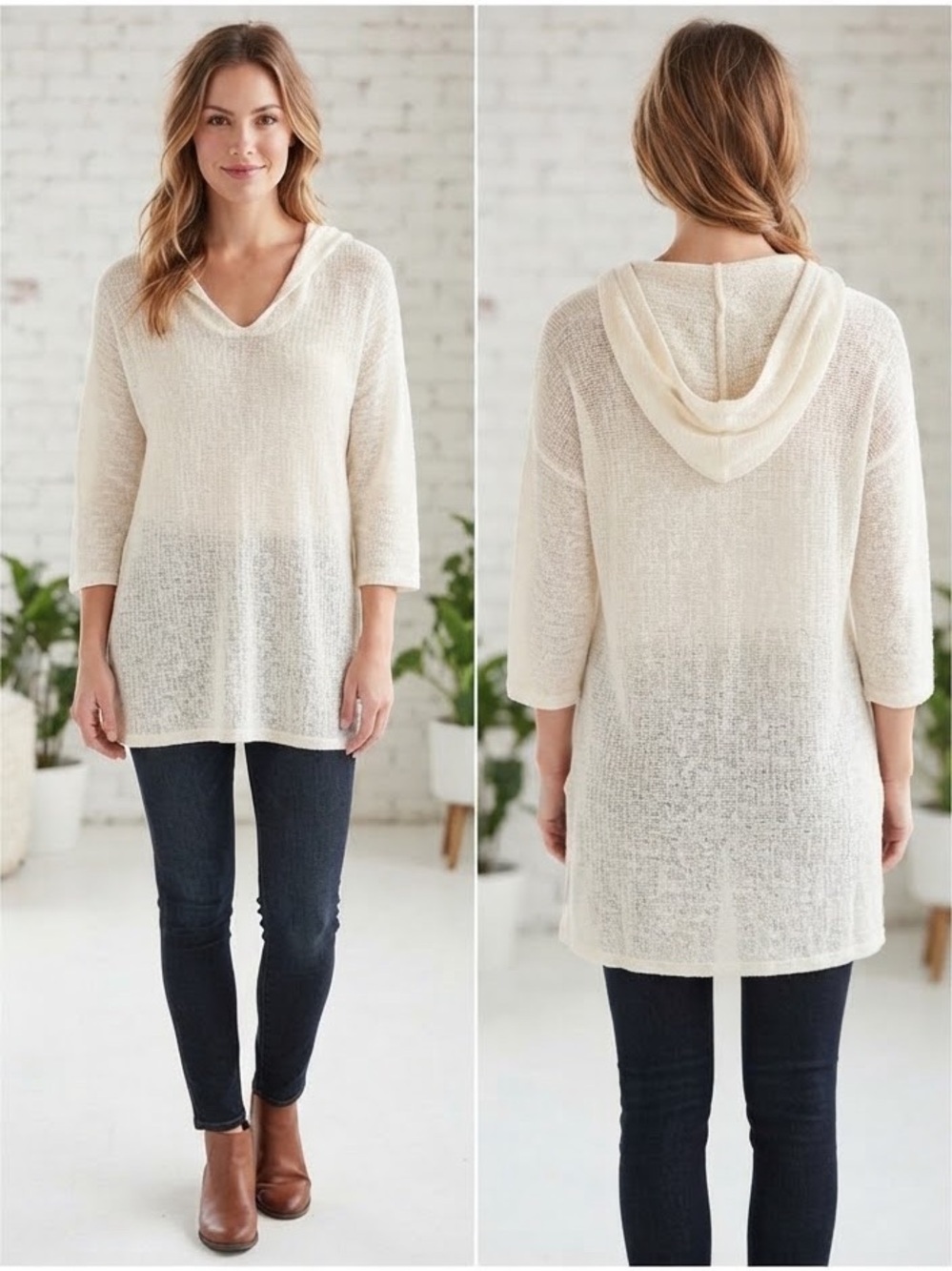 Eileen Fisher Organic Cotton Linen Slub Long Line Hooded Tunic Top Sz M White